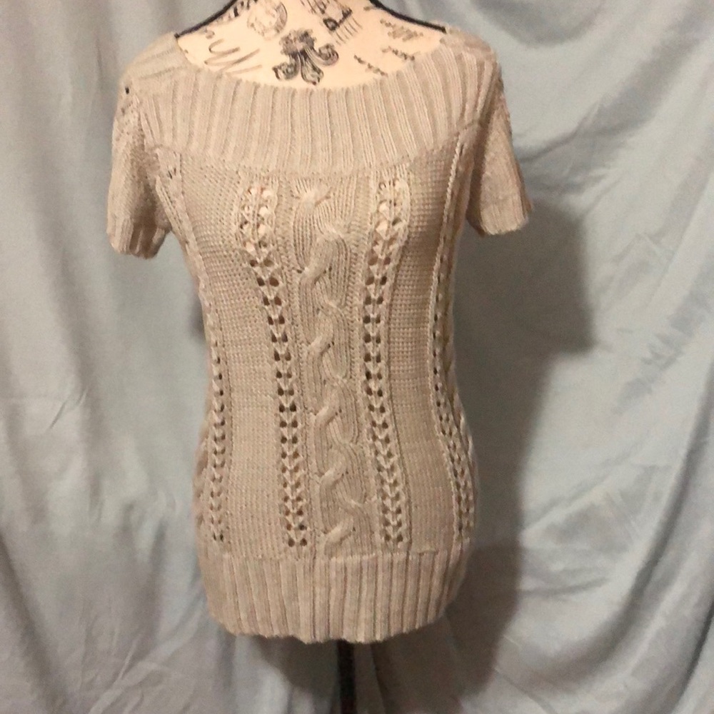 RW and CO Beige Short Sleeve Cable Knit Chucky Scoop Neck Sweater Size M